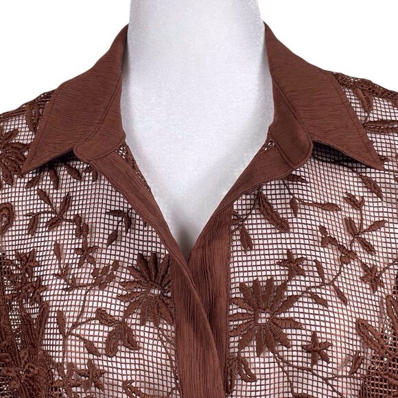 JASON WU Lace Sheer Floral Button Down Top NWT Size Large Brown - Picture 5 of 15
